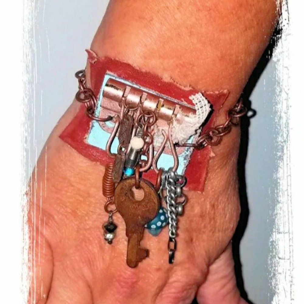 Rustic Leather Key Charm Bracelet Lampwork Bead Chain Pearls Metal Mixed Media